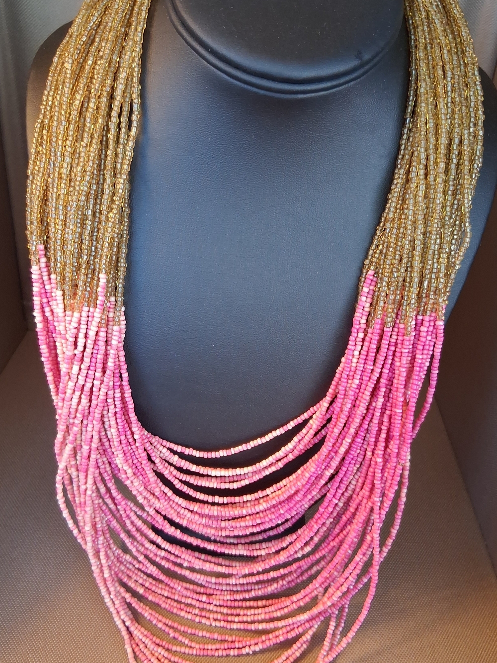 Handcrafted Pink and Gold Seed Bead Multi-Strand Necklace